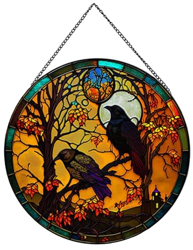 Payutou Crow Pattern Suncatcher Stained Glass,Hanging Stained Glass for Windows for Bird Lovers,20cm/7.87inch Sun Catcher Garden Hangings Ornaments Halloween Fall Christmas Decor for Home