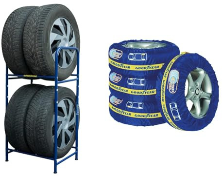 Goodyear Reifenregal für 4 Reifen, platzsparende Aufbewahrung, höhenverstellbar, 2 Ebenen, Tragkraft bis zu 120 kg & 75526 Reifenabdeckung, 4er-Set