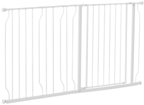 PawHut Cancelletto di Sicurezza per Cani Estensibile 75-145x76 cm Bianco | per Scale e Porte, Cancellino per Cani, Fissaggio a Pressione Senza Fori, Apertura Una Mano in Entrambe Direzioni