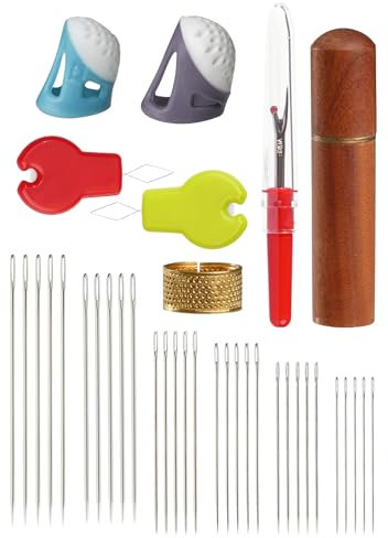 36 agujas de coser con ojal grande, 6 tamaños de agujas de coser a mano (1,5-2,6), agujas de bordado con enhebrador, abridor de costuras y dedal, agujas para tejer, tejer, bordar, coser (tamaño 1)