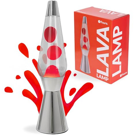 Fisura - Lampada lava rossa con base cromata, cera rossa e liquido trasparente. Design retrò con lampadina di ricambio. Dimensioni: 11,5 cm x 11,5 cm x 40 cm.