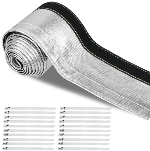 Heat Shroud Sleeve Aluminized Sleeving Express Aluminized Hose and Silver Hose Wire Protection Barrier Hook and Loop Closure 20mm I.D. x 2M with 20 Stainless Steel Ties
