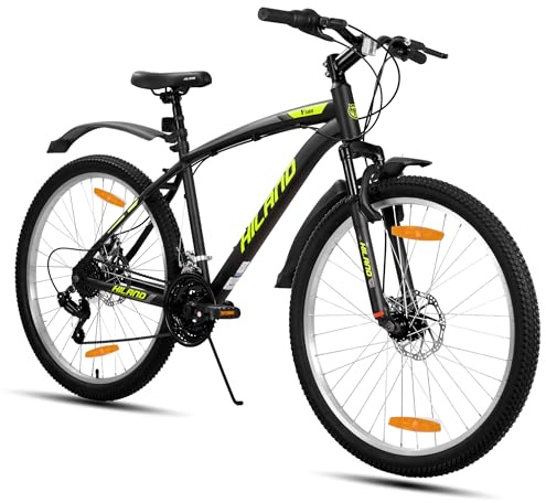Hiland Mountainbike 26 tum, 18 växlar män och kvinnor MTB med dubbla skivbromsar, 26 tums mountainbike för vuxna med fjädergaffel, MTB för män och kvinnor, gul