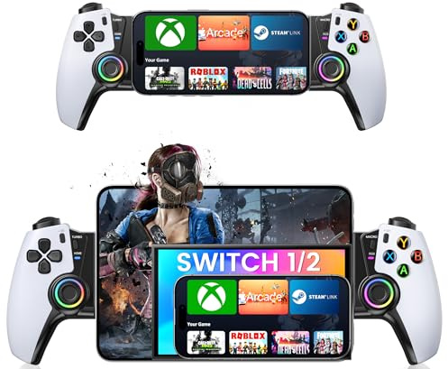 Kabelloser Handy-Controller für iPhone/Android/Switch 1/2/OLED/iPad Mini mit Hall Joystick, LED-Gaming-Controller für iOS, unterstützt Xbox Cloud, Steam Link, GeForce Now, Arcade, Call of Duty, Roblox