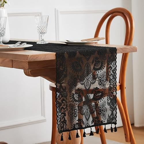 Spitze Gehäkelte Tischläufer, 30 * 180cm Boho Deko Hochzeit Tischdecke Vintage Schwarz Handgewebt Makramee Stickerei Blumen Tischband Tischwäsche mit Quasten für Küche Essen Urlaub Party Dekoration