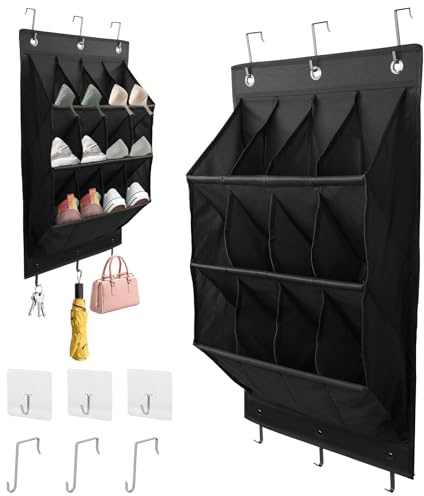 FitRepa Schuhaufbewahrung Hängend Schuh Organizer Hängend mit 12 Großen Taschen, Über der Tür Schuhregal für Schrank mit 3 Metallhaken und 3 Haken Selbstklebend (Schwarz)