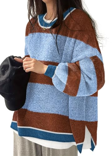 Women's Oversized Crewneck Sweaters Batwing Long Sleeve Side Slit Ribbed Knit Pullover Sweater Tops