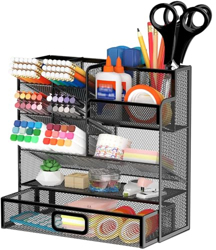 ReePlan Schreibtisch Organizer Stiftehalter mit Schublade – Multifunktionaler Stiftehalter aus Metall Netz, Büro Organizer für Home Office, Schule & Studium, Platzsparend, Stabil, Schwarz