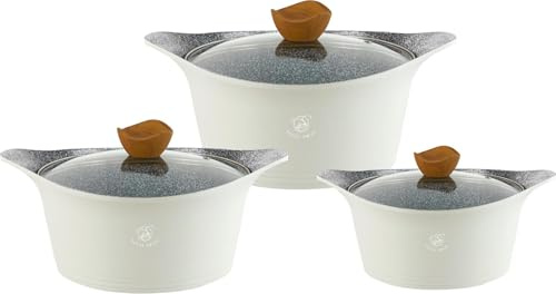 Royal Swiss – Ensemble de casseroles en céramique 6 pièces (24 cm, 28 cm, 32 cm) – Compatible tous feux dont induction – Revêtement antiadhésif – Couleur crème