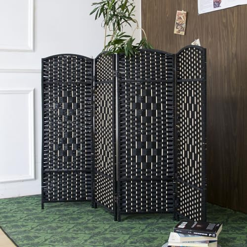 Furnnylane 4 Panel Black Rattan Room Divider for Room Separation, 47.2 Low Height Double Sided Folding Privacy Screen, Freestanding Partition Screen for Home Office - 3.95 ft Tall