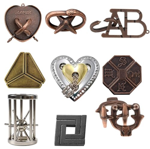 Rompecabezas Metal,Juegos Ingenio,9 Puzzle Metal Set,Juegos Ingenio Adultos,IQ Test Unlock Juguetes,IQ Puzzles Challenge,Juegos de Logica Educativos,Rompecabezas Regalo para Adultos Adolescentes