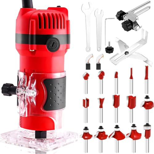 Fresatrice per legno, Utensili per fresatrice da 800 W, Tagliabordi compatto, Taglio preciso del legno, Rifilatura manuale a 31.000 giri/min, Set di punte per fresatrice, Guida per bordi, Guida a rull