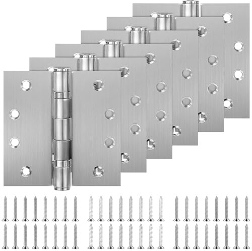 6 Pack Stainless Steel Door Hinge, 4 Inch (100mm) Heavy Duty Ball Bearing Door Hinges with Square Corners for Exterior & Interior Doors (Silver)
