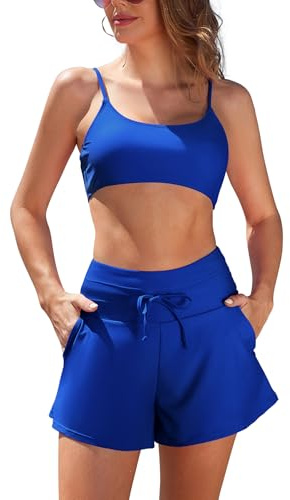 SHEKINI Two Piece Swim Suits for Women Bikini Set with 2 Pockets High Waisted Drawstring Swim Shorts Push Up Bandeau Adjustable Tummy Control Vintage Beach Swimwear, Royal Blue, S
