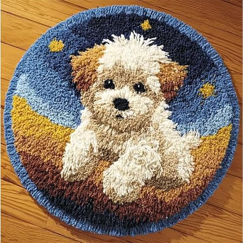 WallustrioaW 3D Knüpfset Knüpfteppich zum Selber,Welpe unter dem Sternenhimmel,Knüpfen Teppich für Kinder,Erwachsene oder Anfänger,Kreatives Geschenk,Latch Hook Kit,50x50cm