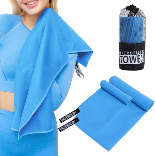 InfiniZer 2 Pack Microfiber Travel Sports Towel,Camping Towel Quick Dry Super Absorbent Ultra Compact Ultra Soft Lightweight,Suitable for Gym,Yoga,Trip,Beach, Shower, Backpacking,Pool (Light Blue)