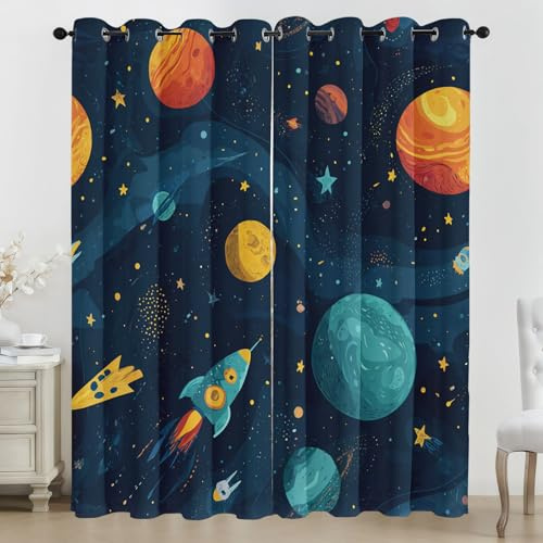 Generisch 3D Cartoon Planet Rocket Vorhänge, Sternenhimmel Vorhang mit ösen 2er Set, Junge Mädchen Kinder Gardinen Blickdicht Verdunkelungs für Kinderzimmer Schlafzimmer Wohnzimmer B 117 X H 137 cm