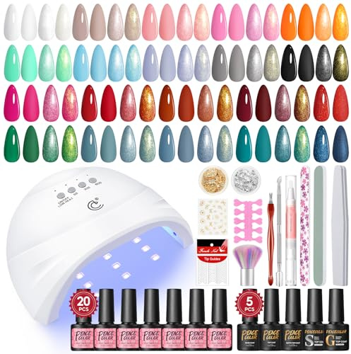 PEACECOLOR 38Pcs Kit Ongle Gel UV Complet avec UV Lampe, 20 Couleurs Vernis Semi Permanent, 5 Bases et Top Coats Mats pailletés, Manucure avec Outils pour Femmes