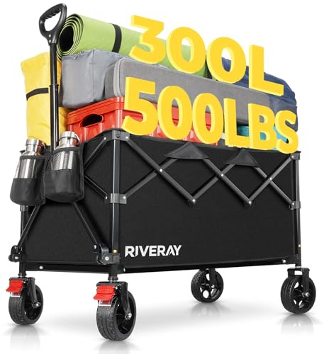 Chariot de Plage XXXL, 300L Chariot Pliable Tout Terrain avec Grandes Roues Silencieuses et Freins, Toile Oxford Amovible et Lavable, pour Camping Jardin Déménagement Pêche, 230KG Ultra Robuste