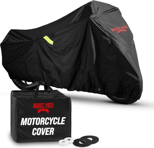 Badass Moto Ultimate Waterproof Motorcycle Cover. Heavy Duty, Night Reflective, Windshield Liner, Heat Shield, Vents, Lock Pocket, Taped Seams (108” Full Dressers,Tourers) Extra Large | Waterproof, all-weather, heavy-duty