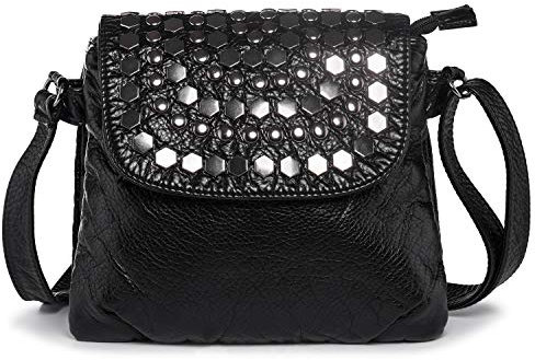 LaRechor Sac Bandoulière pour Femme avec Multi Poches Petit Sac Epaule en Cuir Véritable Doux Pochette Bandouliere de Riveté Noir