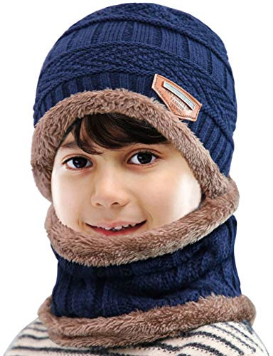 Petrunup Kids Warm Knitted Beanie Hat and Circle Scarf Set for Boys & Girls-Blue
