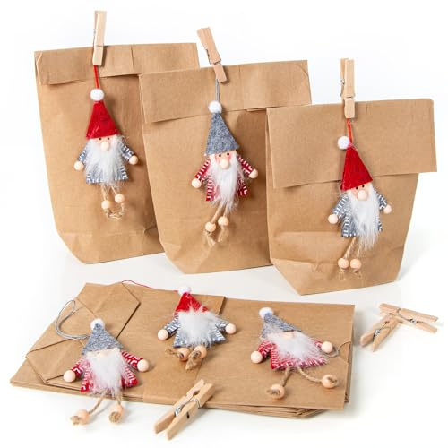 Logbuch-Verlag 6 Wichtelgeschenk Verpackungen braun weiß mit Wichtel Anhänger aus Filz 14 x 22 x 5,6 cm Wichteltüte Nikolaustüte Weihnachten