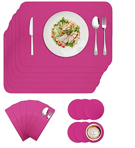 BESTORI Sets de Table en Feutre 6 Pièces, Sets de Table avec Dessous de Verre et Sacs à Couverts, Antidérapant, Lavable,Chaleur Résiste, Rose Rouge 30x40cm