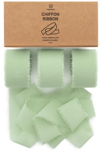 Vitalizart Salbeigrün Schleifenband 2,5 cm x 19,2 m, Geschenkband Chiffonband Fransenstoffband, Bänder-Set für Hochzeitseinladung, Brautstrauß, Dekoration, Geschenkverpackung, Schleifenherstellung