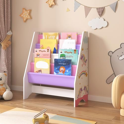[en.casa] Scaffale per Cameretta con 4 Contenitori Morbidi a Scaletta - Mobile Porta Libri a Misura di Bimbi - Decorazione Unicorno - Rosa/Viola