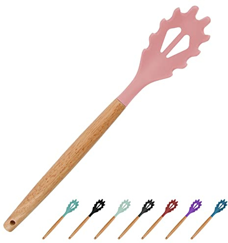 Cuillère à spaghetti en silicone rose avec poignée en bois – Fourchette à pâtes et cuillère de 32,6 cm, sans BPA