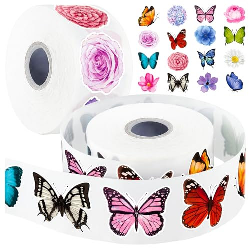 1200 Stück Schmetterlings-Blumen-Aufkleber-Rollen, 16 Stile Schmetterlings-Aufkleber für Kinder, wasserdichte und sonnenfeste 3D-Aufkleber für Partys, Wände, Sammelalben, Umschläge, Geburtstags- und