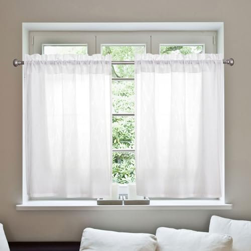 Scheibengardine 2er Set Scheibengardinen Modern Bistrogardine Weiss Halbtransparent Fenstergardinen Privatsphäre Fenstervorhang Gardine, Für Kleine Fenster Küche Wohnzimmer 65 X 90 cm (B x H)