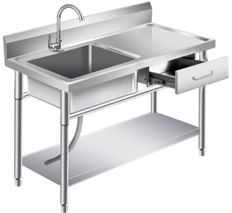 Freistehende Einzelbecken-Spüle, Mobiles Küche Spültisch,Arbeitsplatzwaschbecken Mit Abfluss Und Fallrohr,1 Becken Außenbereich Spülbecken for Außen, Innen, Küche, Restaurant (Color : Left slot, Si