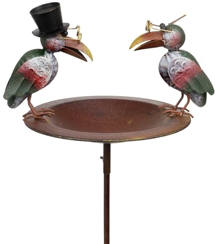 Moritz Gartenstecker Raben Metall 110 cm – Vogeltränke Stab Gartendeko Deko | zwei Vögel mit Zylinderhut, handbemalt, mit Wasserschale, Erdspieß, Rost-Optik, für draußen, dekorativ