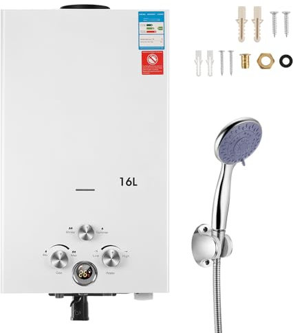 Scaldacqua a gas a gas da 8 litri, portatile, per esterni, con display digitale, con soffione galvanizzato, protezione multipla per gite in campeggio (8 l, 16 KW)