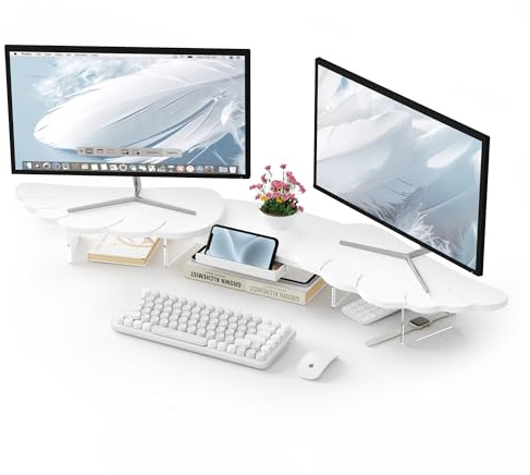AFOOYO Doppel-Monitorständer Erhöhung, Flügelförmiger stabiler Schreibtisch-Holzständer für 2 Monitore, weiße Erhöhung für Laptop, PC, Computer