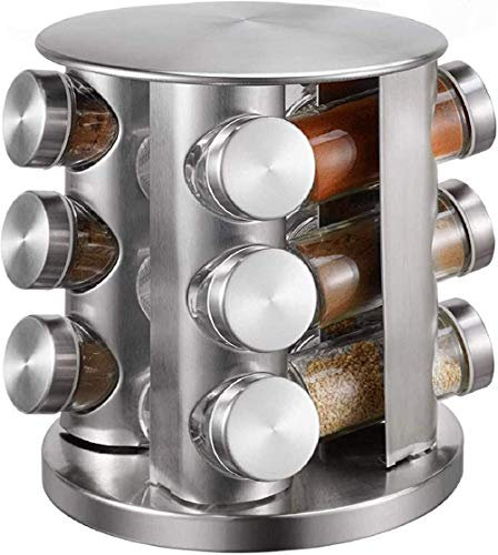 ABBNIA Carrusel de Especias con 12 tarros de Especias, Estante de Especias Giratorio de Acero Inoxidable, Estante de Especias de pie con recipientes para Especias