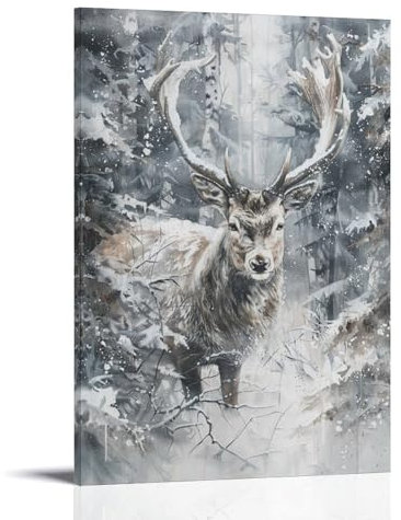 FYFMUSHE Leinwandbild, Vintage-Hirsch-Motiv, schneebedeckter Winter, Wald, Tiere, Bilder auf Leinwand, gerahmt, fertig zum Aufhängen, Kunstwerk für Schlafzimmer, Heimdekoration, 20 x 30 cm