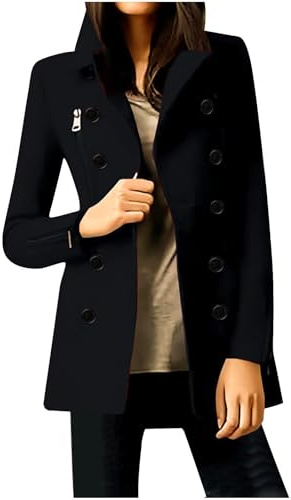 Blazer Jackets for Women UK Double Breasted Lapel Trench Coats Woolen Winter Jacket Peacoats Smart Casual Suit Jacket Long Sleeve Formal Jacket Plain Slim Fit Dress Jacket Duffle Coats