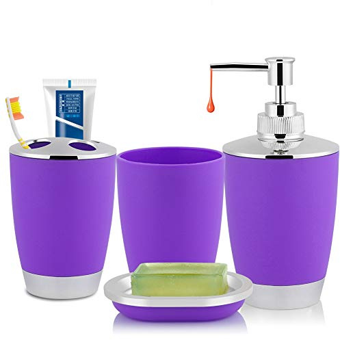 Ensemble d'Accessoires de Salle de Bain 4 Pièces, Accessoires de Salle de Bain en Plastique Comprenant Un Porte-Brosse à Dents, Un Gobelet à Brosse à Dents, Un Distributeur de SAVO (Violet)