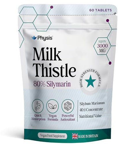 Physis Milk Thistle High Strength | 80% Silymarin | Liver Support Supplements | Milk Thistle Seeds | Vegan Food Supplement | 60 x Tablets | Made in Britain