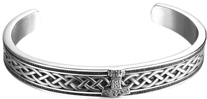OIDEA Herren Wikinger Wolfskopf Armband: Offener Armreif aus Leder Edelstahl Wolf Kopf Viking Rune Keltischer Knoten Offen Handgelenk Schmuck Geschenk für Männer Familie Freund