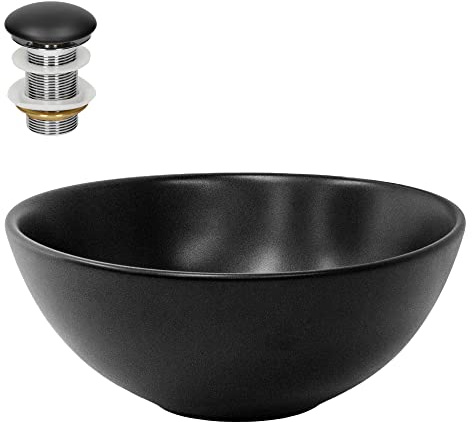 LuxeBath Waschbecken Keramik rund Ø 280x150 mm Schwarz mit Ablaufgarnitur Schwarz, Aufsatzwaschbecken für Badezimmer/Gäste-WC, Modernes Aufsatzbecken, Waschtisch Waschschale Waschplatz Handwaschbecken