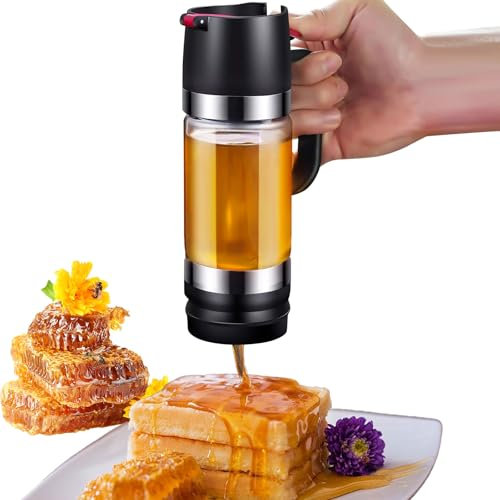 Edteanu Dispensador de jarabe de vidrio 300ML,Dispensador Miel, Tipo Prensa, Dosificador para miel antigoteo, Botella De Miel Transparente con mango