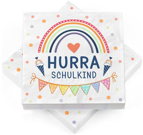 40 Stück Servietten Einschulung, Regenbogen Einschulung Deko | Servietten Einschulung – HURRA SCHULKIND, Schulkind 2026 Mädchen Junge, Tischdeko Schulanfang - 33 x 33 cm
