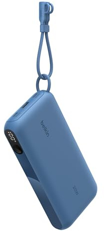 Belkin Portable Charger, USB-C Power Bank 20,000mAh with 2x Type C Ports & 1x USB-A Port, Digital Battery Display, 20W Charging for iPhone 17 Series, Samsung Galaxy S25, Pixel 10, iPad, & More - Blue