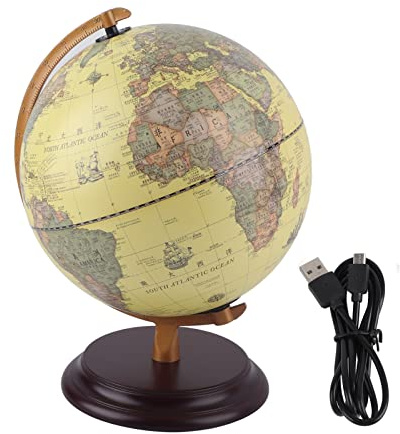 Respicefinem 25CM 3D Antique Globe with Light Retro Educational Toy for Kids & Adults Vintage Desk Decor with Classical Map High Desktop Globe Teaching Tool for Geography & School Supplies
