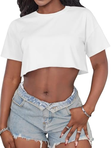 Crop Tops for Women Casual Short Sleeve T Shirts Summer Basic Top Crew Neck Oversized Cropped Tees(White, M)
