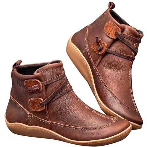 FGUUTYM Bottines en cuir pour femme - Style vintage - Confortables - Talon plat - Bottines courtes - Bout rond - Avec semelle antidérapante - Élégantes et pratiques, Café 2., 38 EU